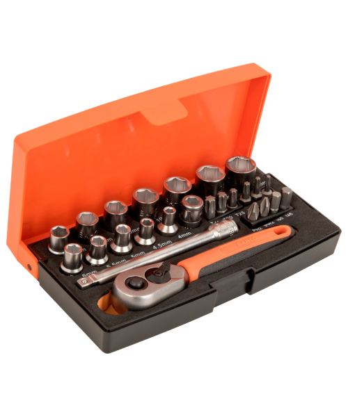 Coffret de douilles 1/4" avec cliquet réversible à déverrouillage