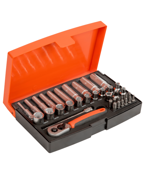 Coffret de douilles standard et longues 1/4" avec cliquet réversible à déverrouillage